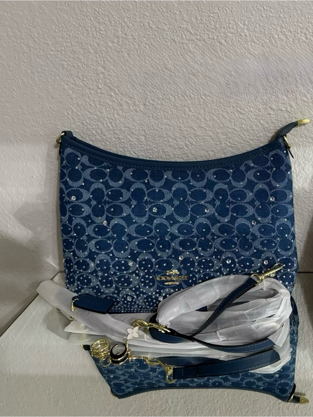 Coach Navy Signature Crystal-Studded Shoulder Bag Large NEW